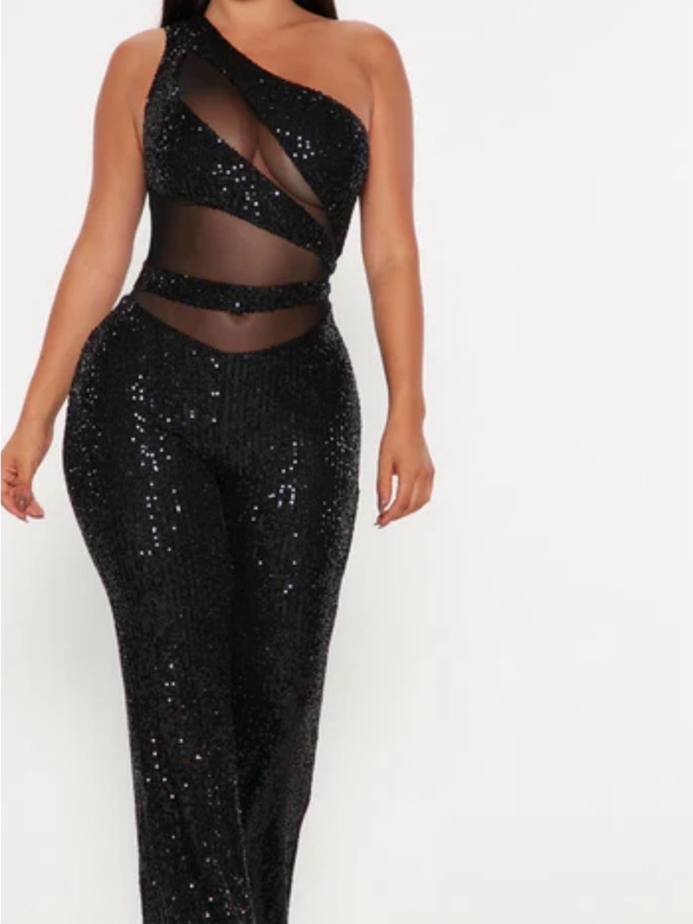 Fashion Nova Black One-Shoulder Sequin Mesh Jumpsuit